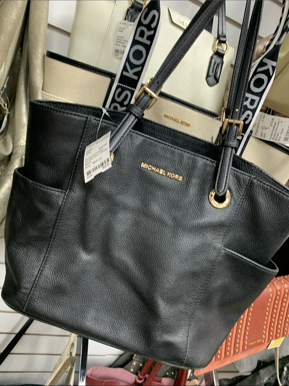 Michael Kors Black Leather Pebbled Tote with Gold Hardware